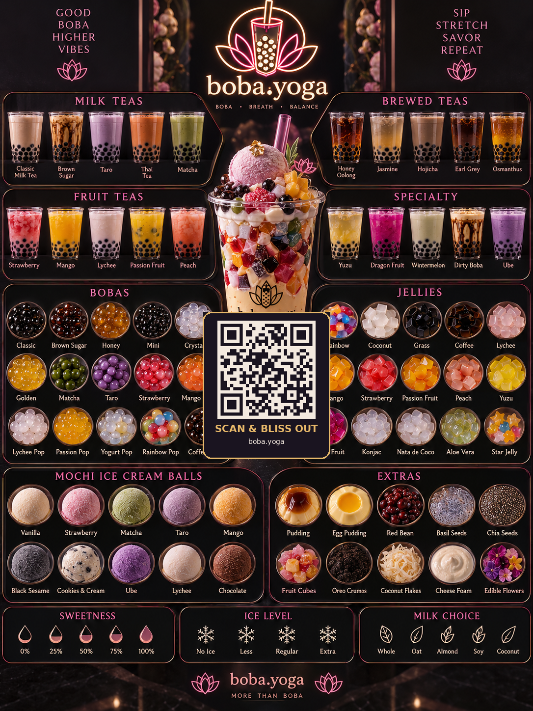 Full boba.yoga drink menu poster with a scannable QR code to boba.yoga