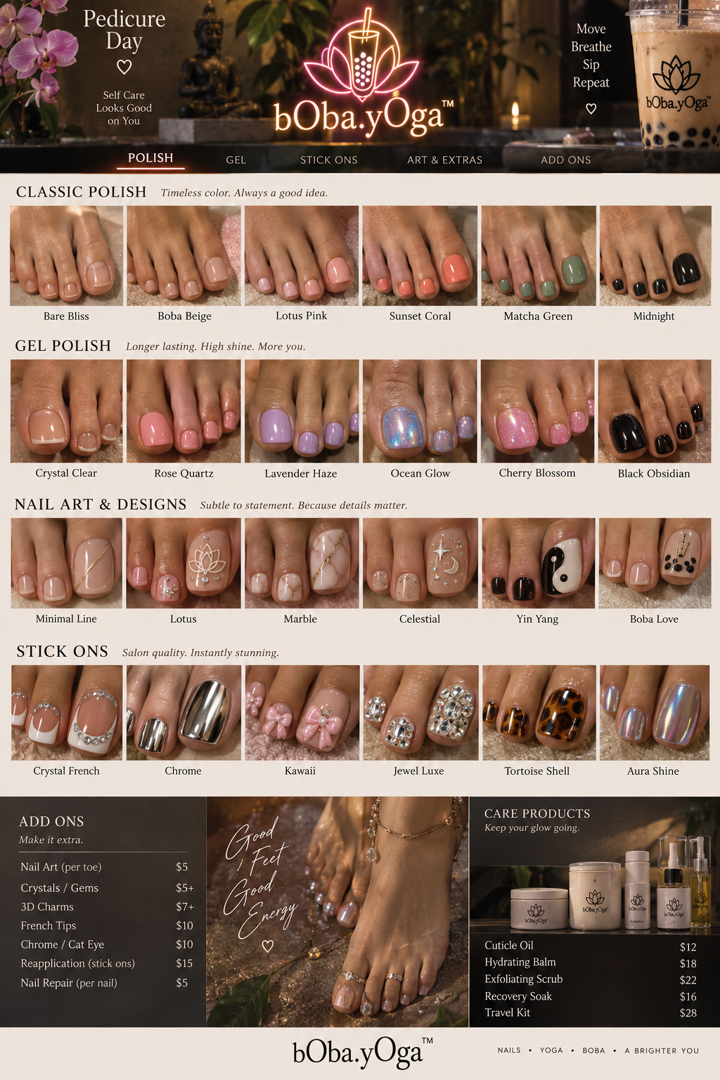 boba.yoga Pedicure Day menu: polish, gel, nail art, stick-ons, and care products