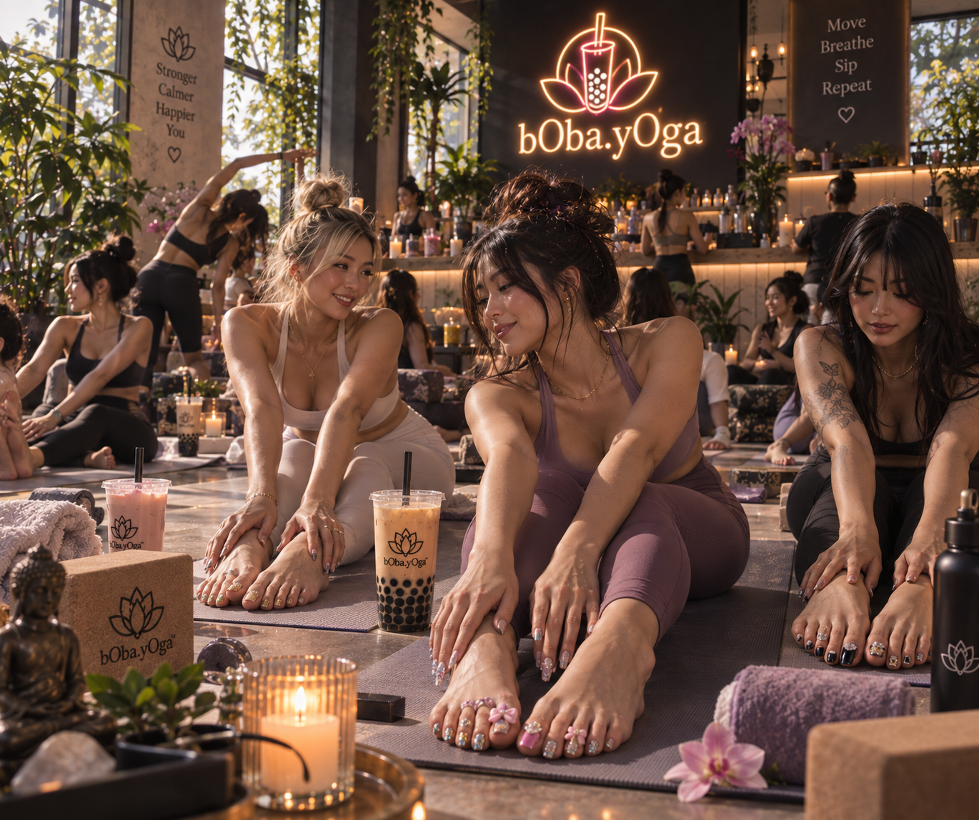 boba.yoga studio floor during a group yoga flow, neon lotus-boba-cup sign glowing above the bar